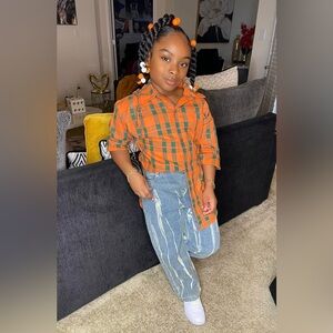 Orange Plaid Kids Shirt and boyfriend Jeans